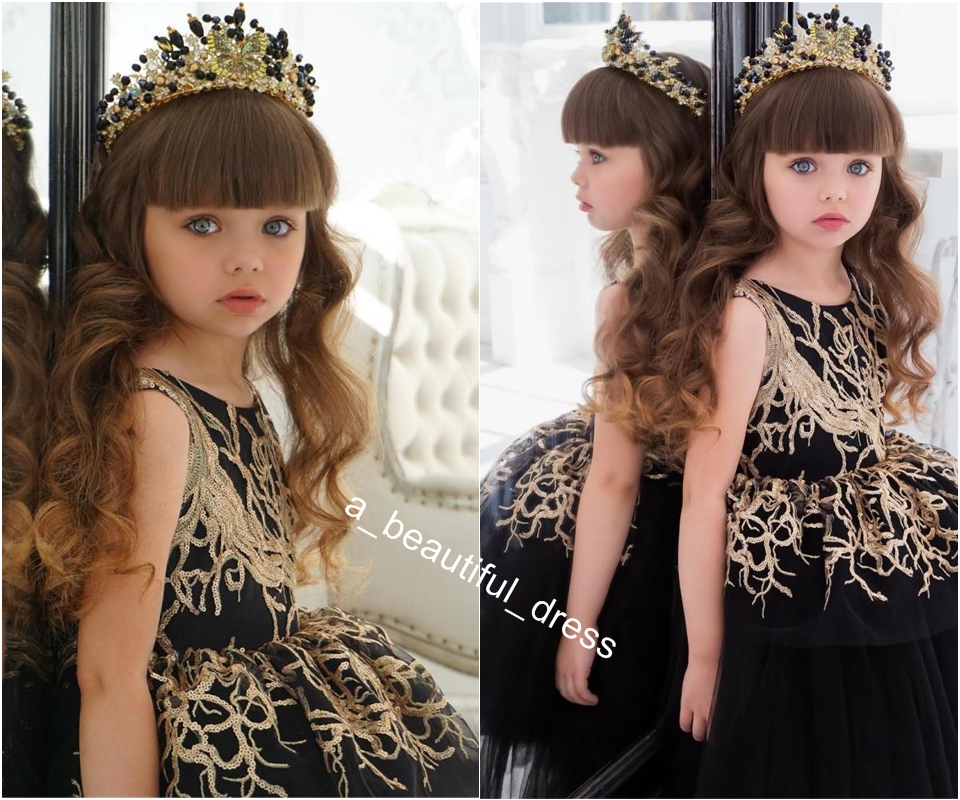 Gold Sequins Flower Girl Dress With Train Black Ball Gown Hi Lo Little Girls Pagesnt Dress Tiered Formal Gowns For Kids FG1295