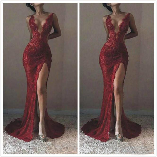 Dark Red Deep V Neck Evening Dresses Sexy Lace See Through Mermaid Prom Dresses Side Split Special Occasion Dresses Party Vestidos