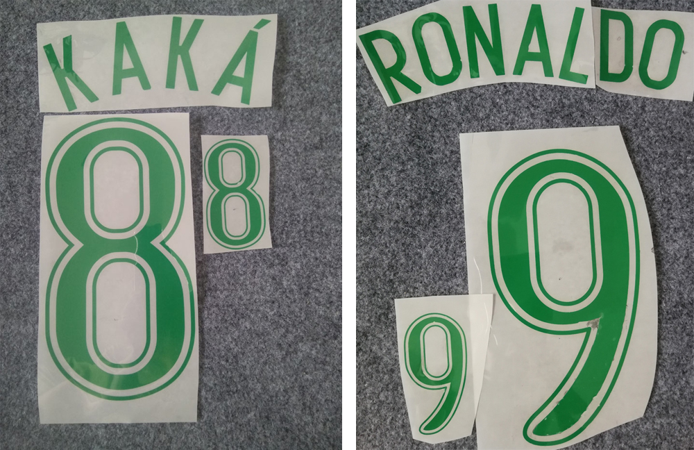 2006 Brazil green retro printing soccer namesets KAKA' RONALDO player's stamping stickers Brasil football letters plastic printed numbering
2006 Brazil green retro printing soccer namesets KAKA' RONALDO player's stamping stickers Brasil football letters plastic printed numbering