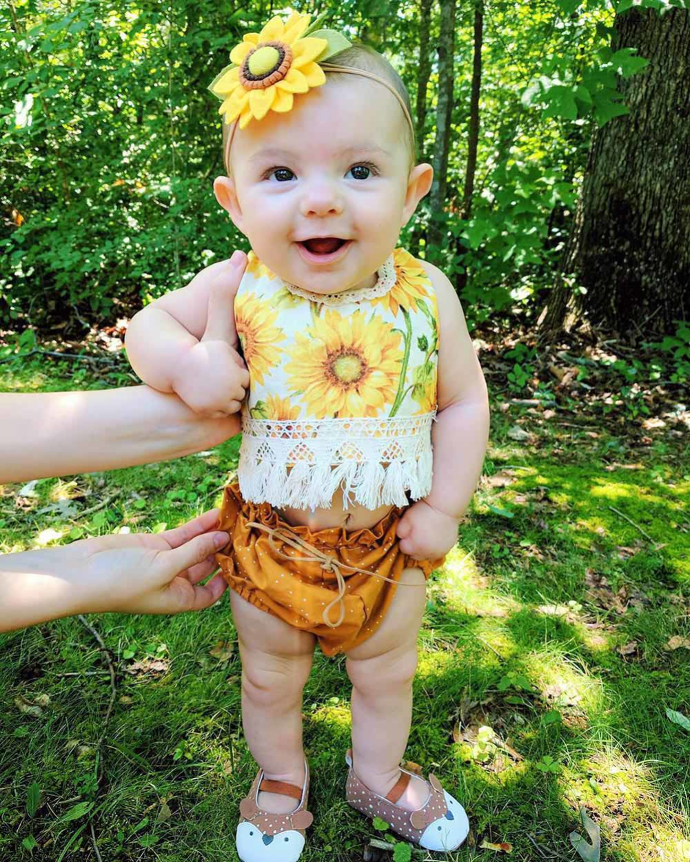 Sleeveless Summer Cute Sunflower Girl Clothing Tassel Backless Top Dot Short Outfits 2PCs Newborn Baby Girls Clothes Set