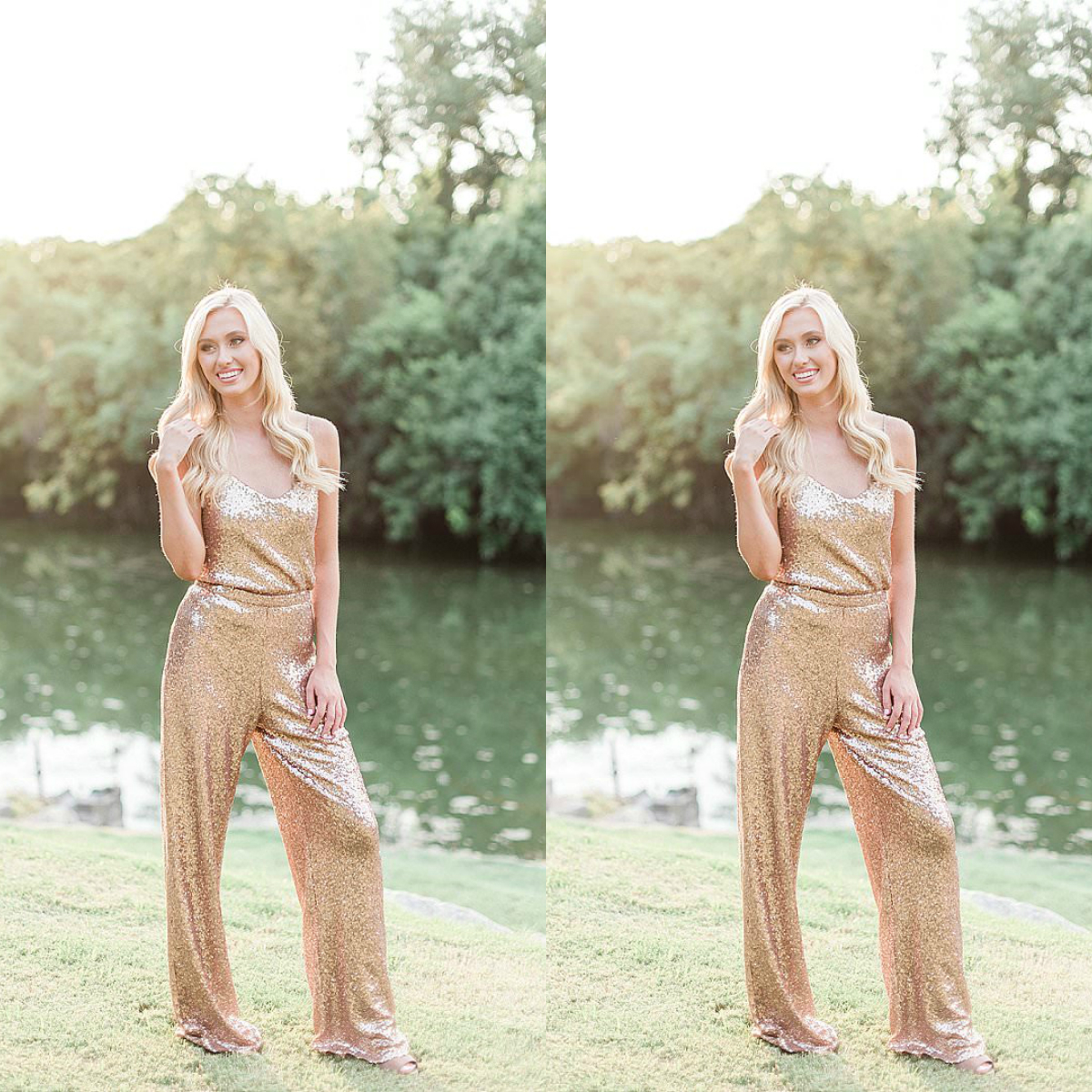 Gold Sequined Jumpsuits Bridesmaid Dresses Scoop Neck Long Wedding Guest Dress Floor Length Plus Size Maid Of Honor Gowns