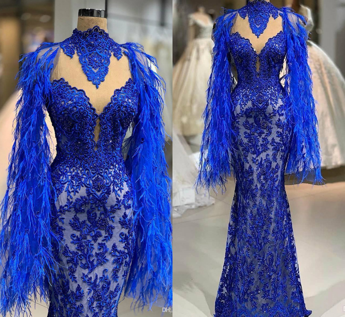 2019 Royal Blue Prom Dress Lace Appliqued Pearls Feather Sparkly Mermaid Evening Gowns Party Wear Sexy African High Neck Pageant Dresses