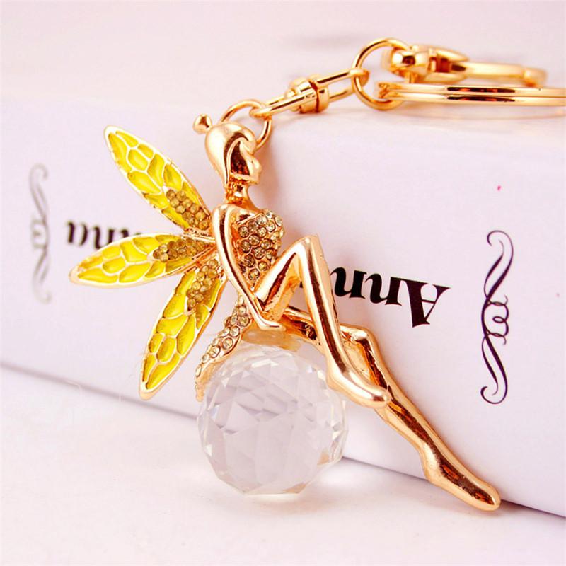 Keychain Enamel Alloy Rhinestone Fairy Tale Angel Wings Girl Crystal Ball Pendant Car Key Chains Gold Tone Lobster Clasp Key Ring 3pcs