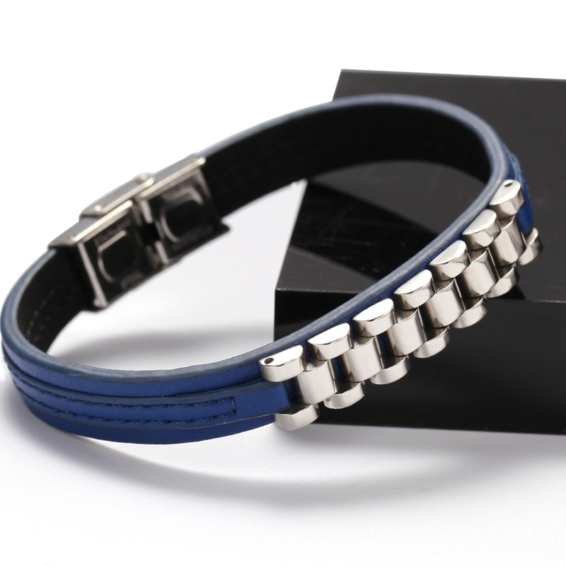 5 Colors for Options New Fashion Men Bracelets Gold Plated Stainless Steel Leather Bracelet for Men Nice Gift for Boy Friend