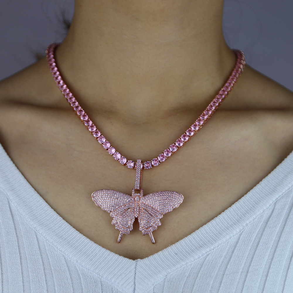 iced out sparking bling hip hop women men jewelry 5mm cz tennis chain gold silver pink cz butterfly necklace
