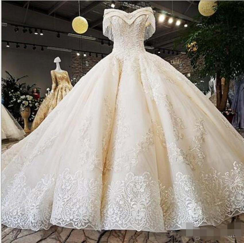 Ball Dresses Beaded Tassle Elegant Off the Shoulder Embroidery Lace Applique Tulle Beading Wedding Bridal Gown