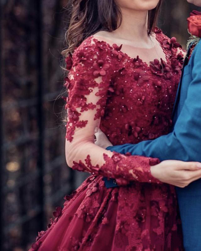 Setwell Burgundy Jewel Sheer Neck A-line Prom Dresses Long Sleeves Beaded Pleated Lace Appliques Flowers Party Evening Gowns