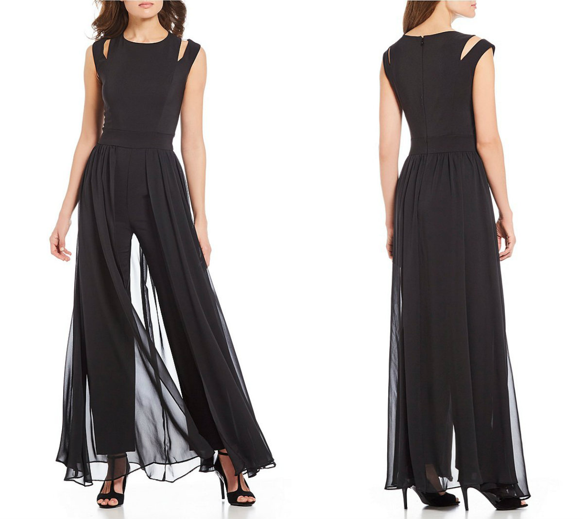 Black Women Jumpsuit With Long Train Floor Length Jewel Neck Satin Chiffon Evening Dress Cheap Formal Party Gowns Prom