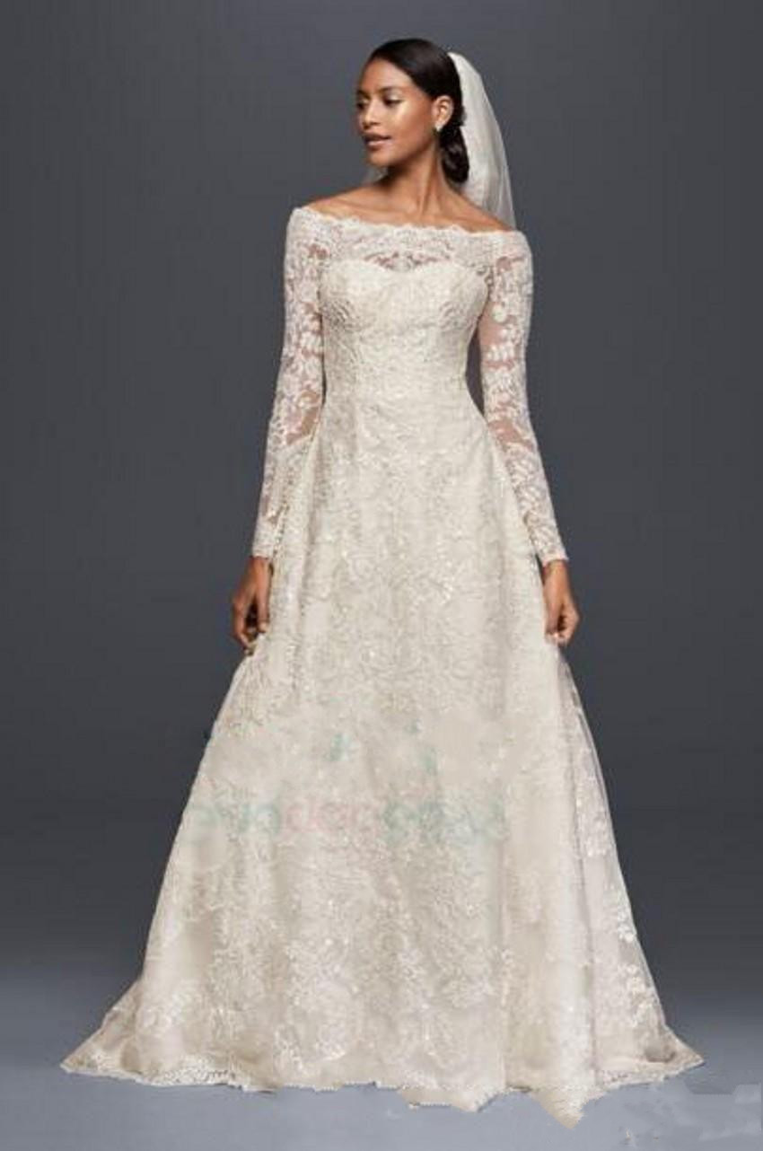 Oleg Cassini Modest Wedding Dresses with Long Sleeves Lace Applique Off The Shoulder Garden Outdoor Wedding Dresses Plus Size Bridal Gowns