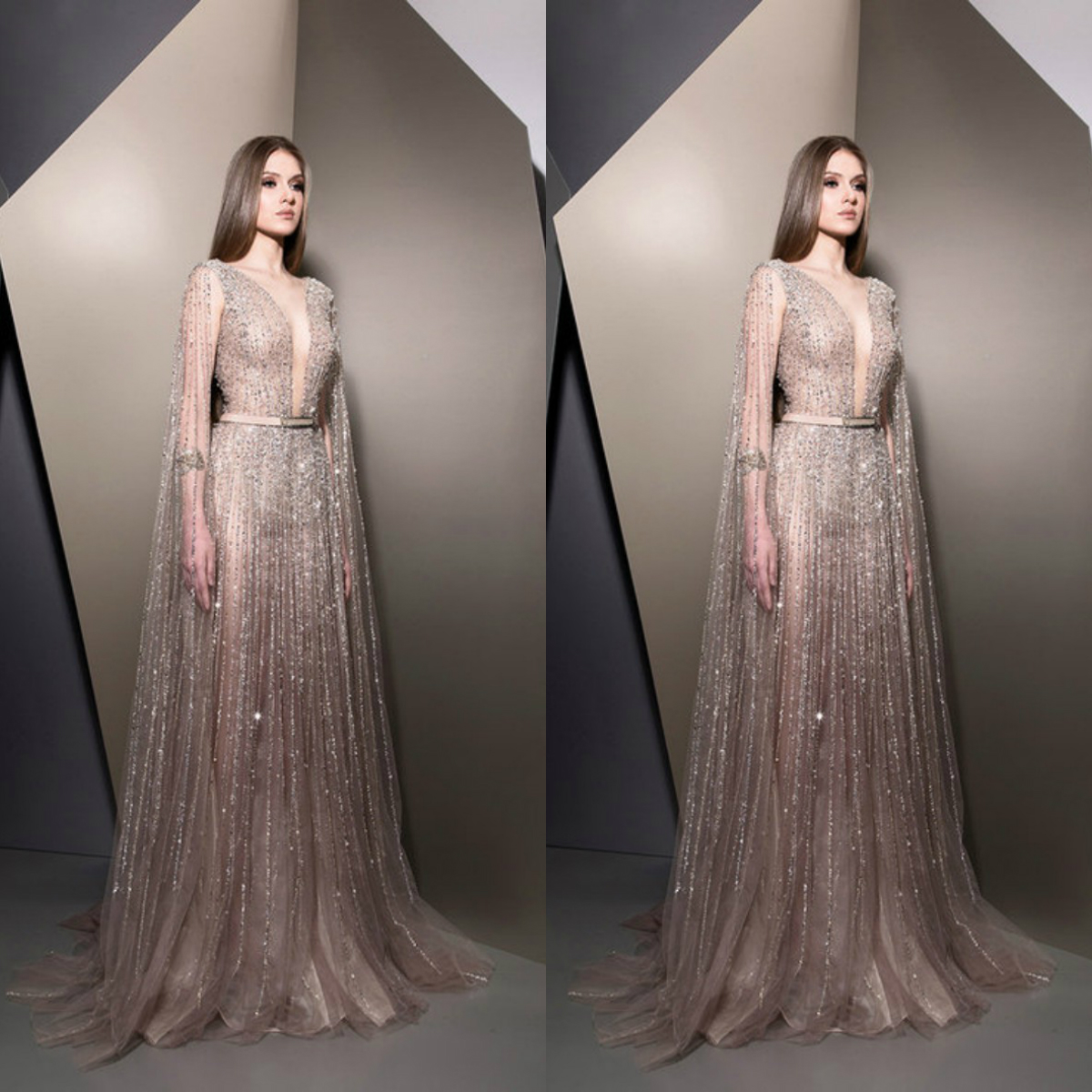 Beading Ziad Nakad Prom Dresses With Cape Sleeves Sheer Deep V Neck Evening Gowns Formal Party Dress Vestido De Festa Estido 6660306