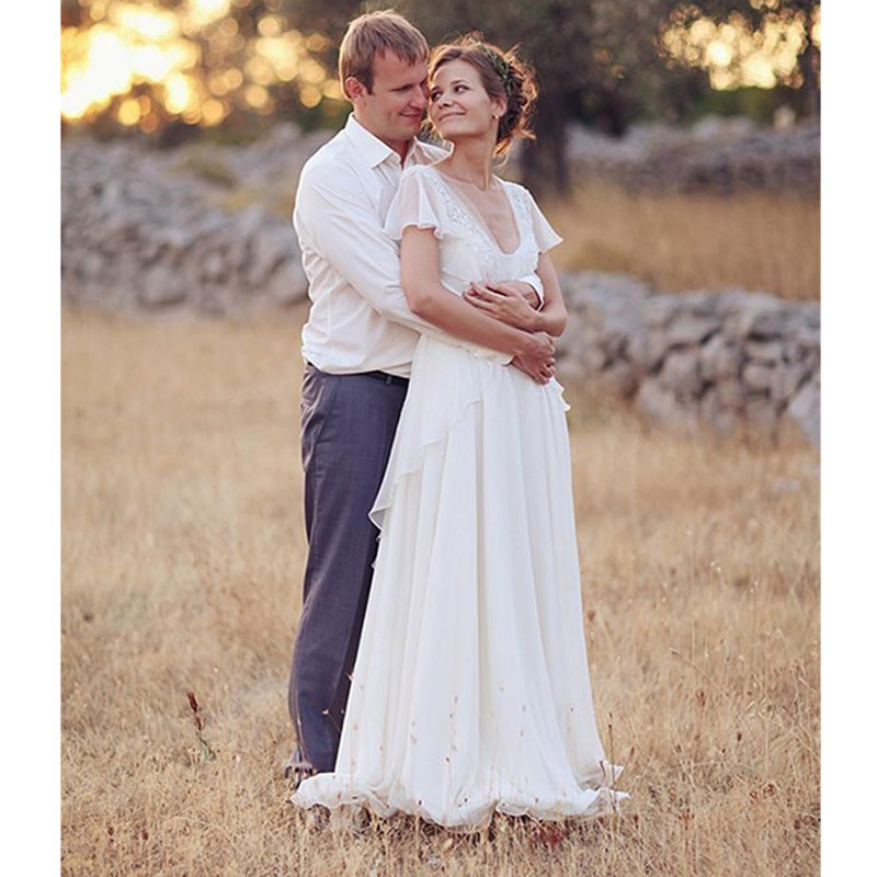 Modest Beach Boho Hippie Dresses V Neck A Line Cap Sleeves Bride Vestidos De Novia Pregnant Wedding Gowns 0521