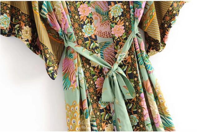 Bohemian V Neck Peacock Flower Print Long Kimono Shirt Ethnic New Lacing Up With Sashes Long Cardigan Loose Blouse Tops Femme Y1906