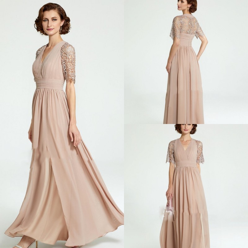 2019 Champagne Mother Of The Bride Dresses Lace Appliqued Short Sleeve Chiffon Custom Made Wedding Guest Dress Plus Size Prom Gowns