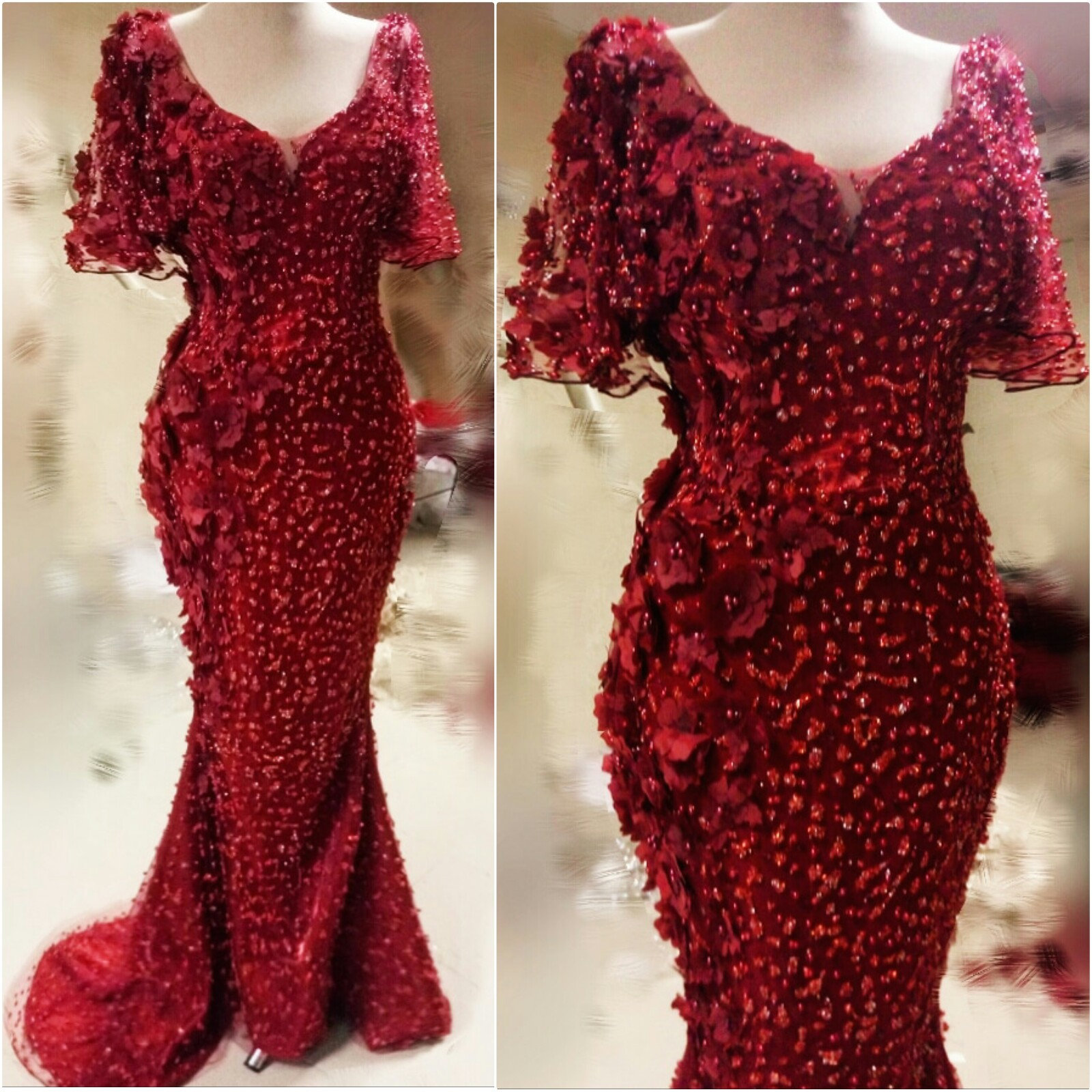 Red Mermaid Evening Dresses with Detachable Train Lace Appliqued Pearls Luxury Flower Mermaid Prom Dress Short Sleeves Party Dress Custom