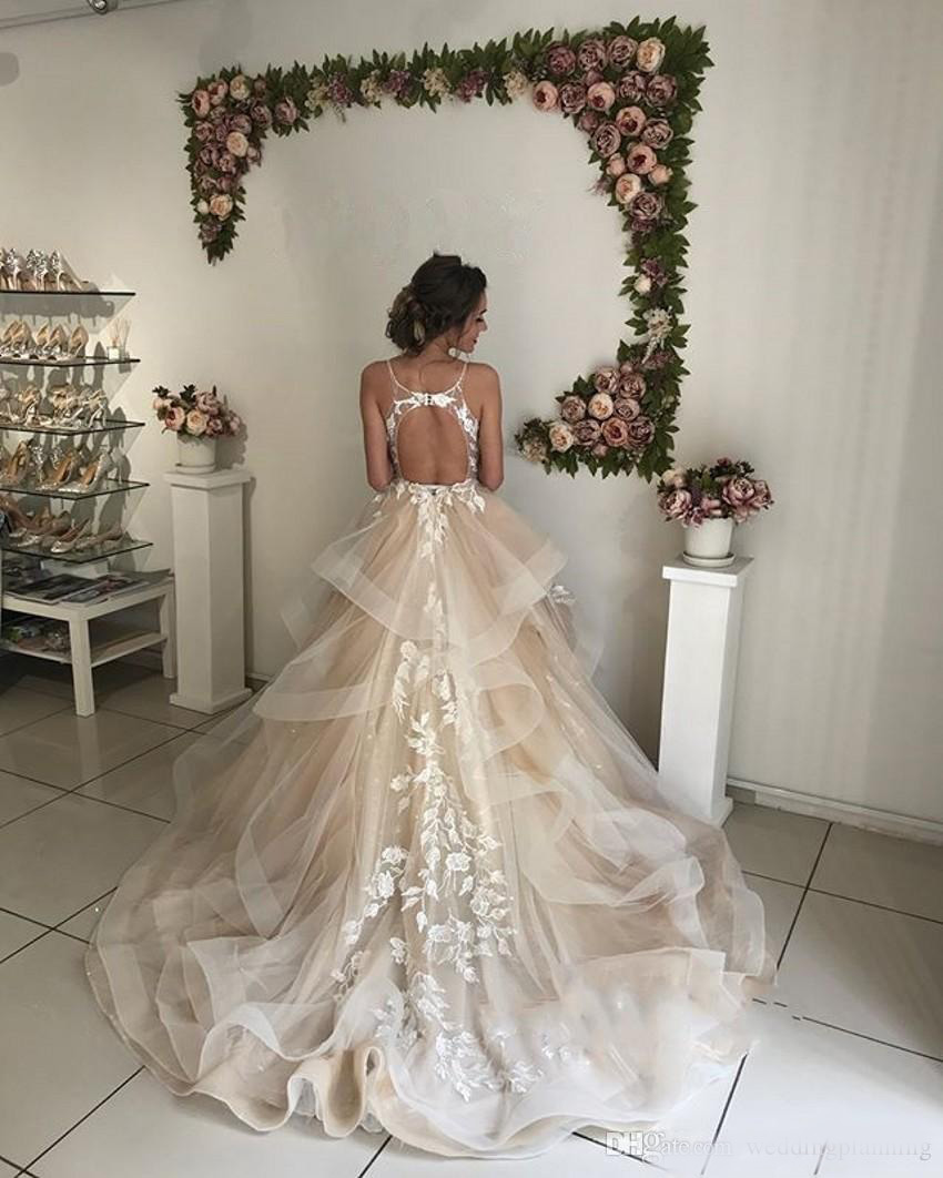 Tiered A-Line Champagne Spaghetti Wedding Dresses Applique Lace Ruffle Hollow Backless Bridal Gowns Wedding Dress PromGown