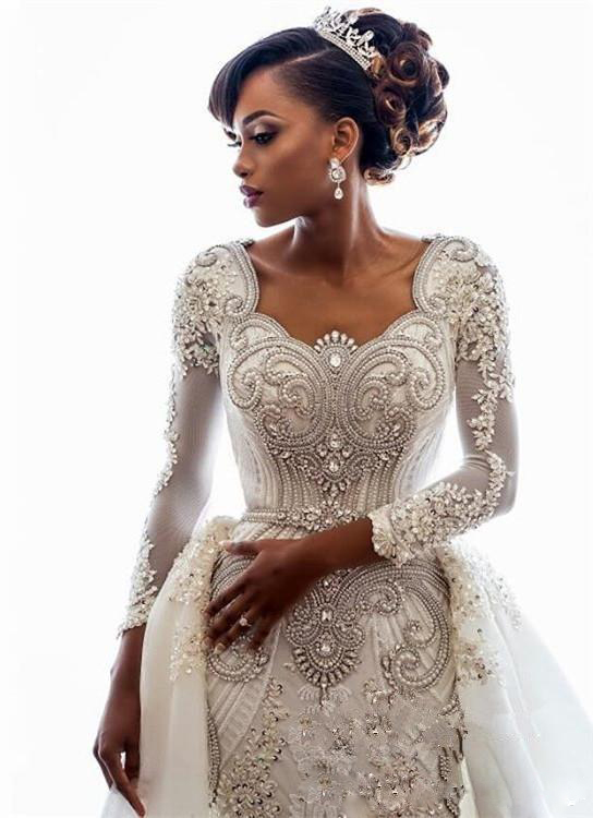 Beaded Gorgeous Mermaid Lace Wedding Dresses With Detachable Train Scoop Neck Pearls Bridal Gowns Long Sleeves Sequined Robes De Mari E