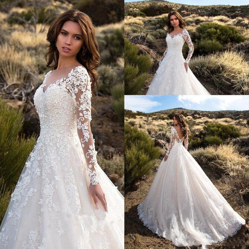 Sexy V Neck Backless A Line Sheer Lace Applique Long Sleeve Bridal Wedding Dress Classic Wedding Gowns
