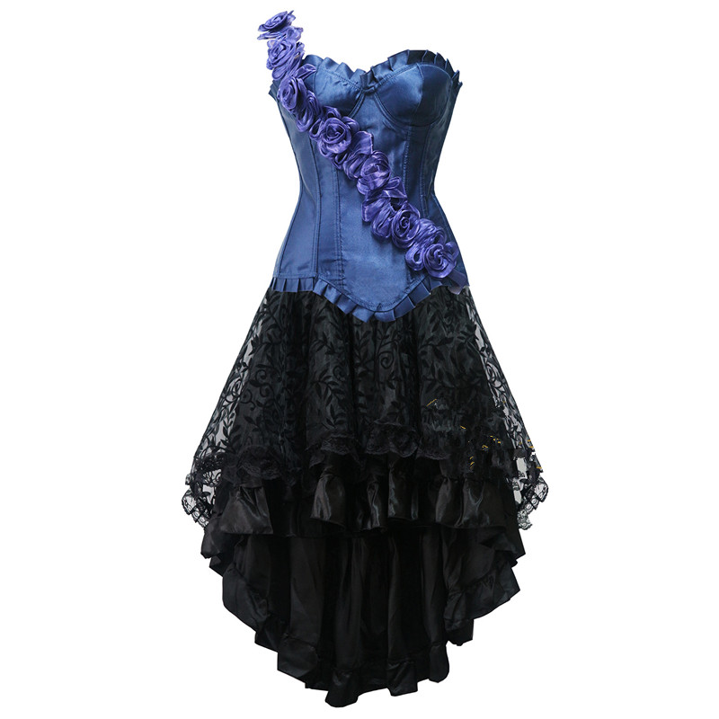 Women Dancing Outfit One Shoulder Rose Flowers Satin Overbust Corset and Black Flocked Hi-lo Skirt S-6XL Plus Size