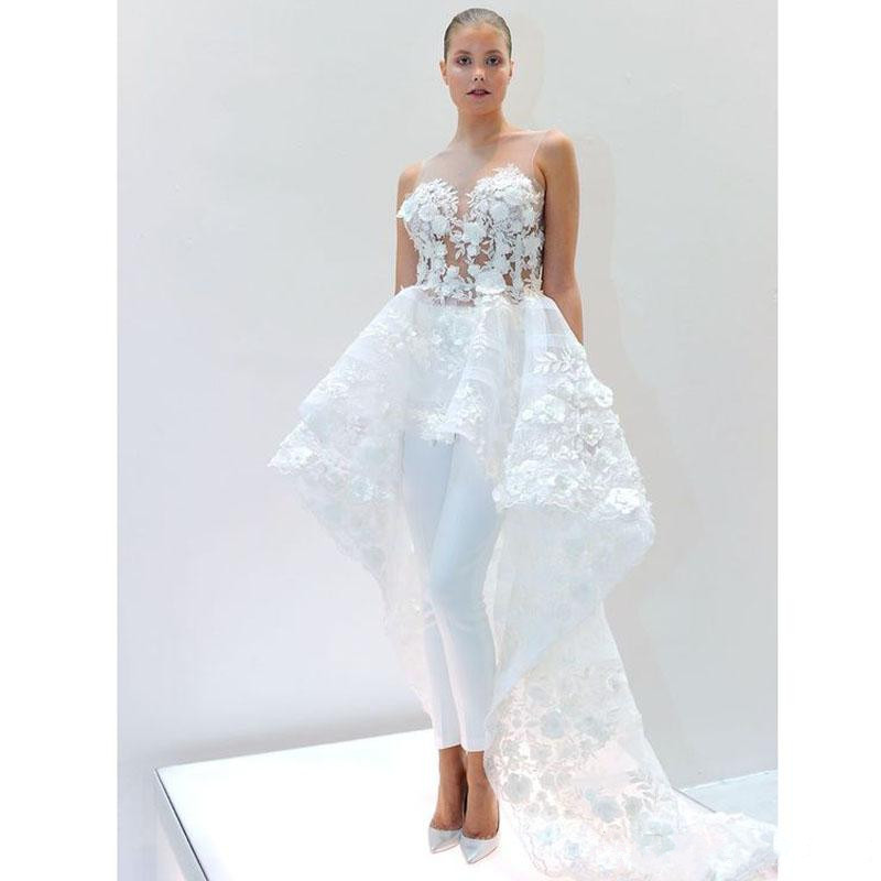White Gorgeous Ral Jumpsuits Dresses High Low Lace Appliqued Beach Sexy Country Style Plus Size Wedding Dress Bridal Gowns