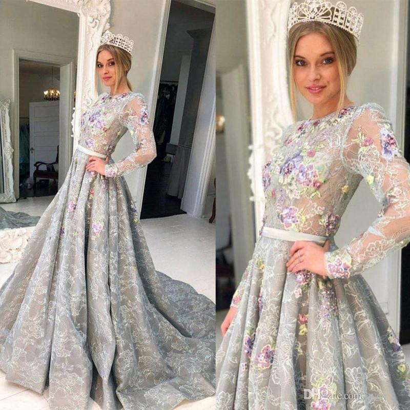 Silver Grey 2019 Full Lace Prom Dresses Long Sleeve Evening Gowns Jewel Neck Illusion Top 3D Floral Appliqued Formal Party Dress