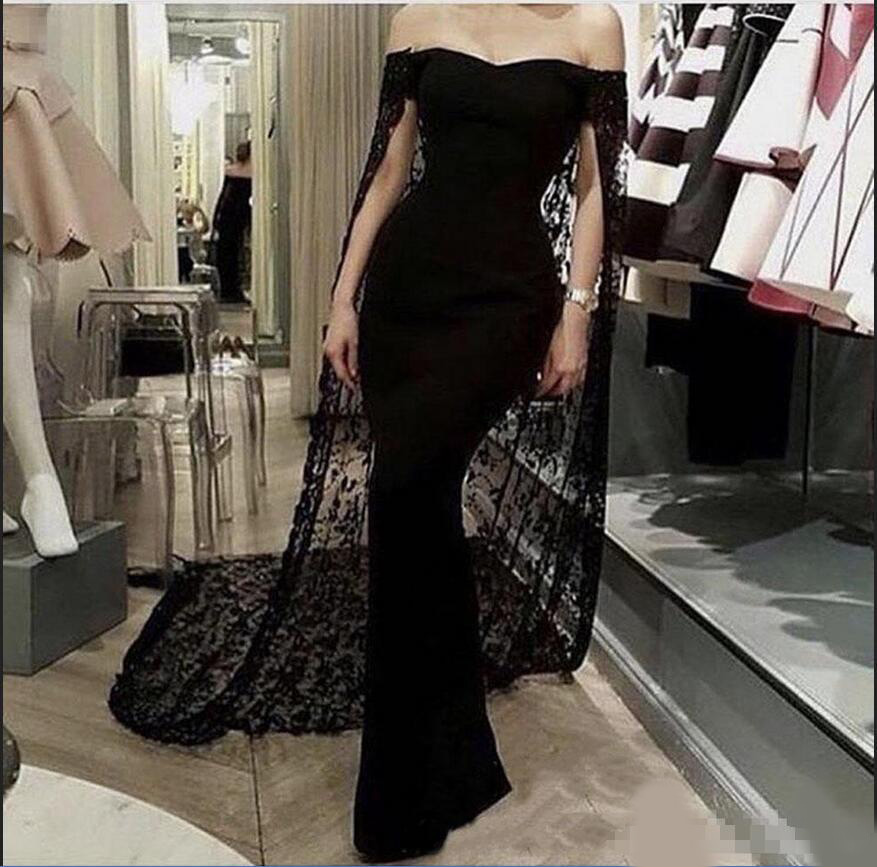 New Black Mermaid Evening Dresses With Cape Off The Shoulder Full Lace Saudi Arabic Formal Red Carpet Dress Sweep Train Prom Gowns