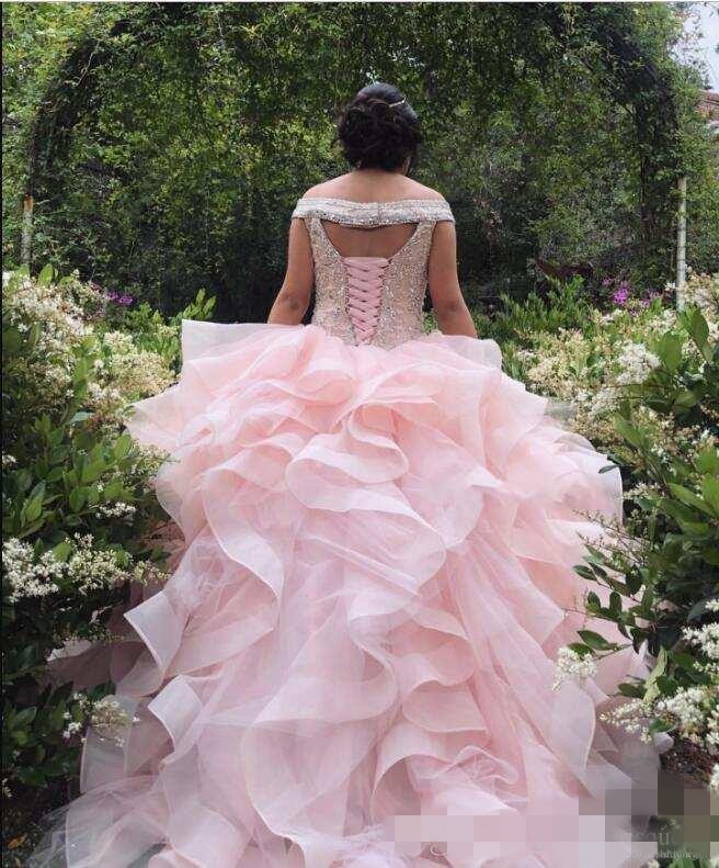 Quinceanera Pink Ruffles Dresses Beaded Off The Shoulder Custom Made Sweet 16 Birthday Party Pageant Ball Gown Formal Evening Wear