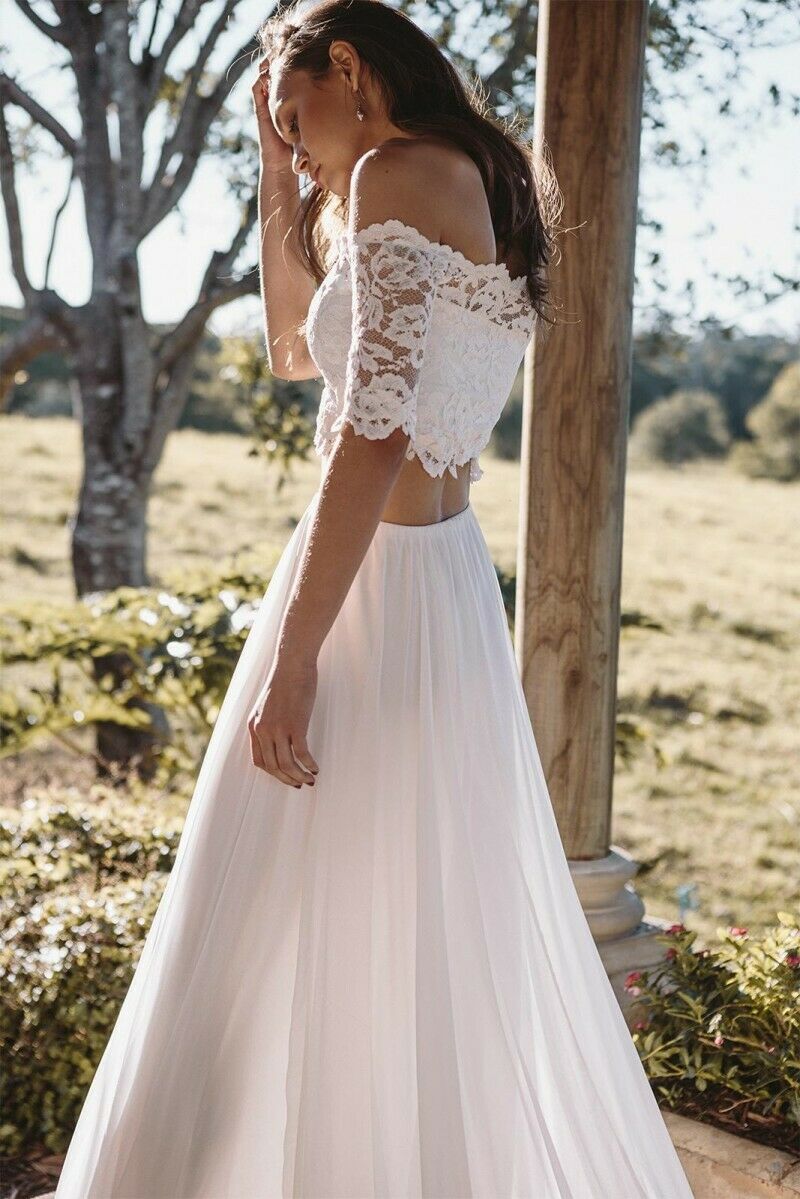 Stylish Boho Wedding Dresses Lace Short Sleeve Two Piece Wedding Dress Crop Top Chiffon Summer Beach Wedding Gowns Cheap Fitted Bride Dress