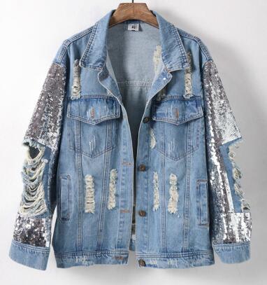 Mexemara Fashion The New Heavy Work Sequin Loose Hole Denim Jacket Free Ship