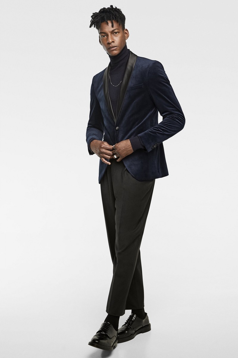 Navy Velvet Banquet Men Suits Two Pieces (Blazer+Pant) Winter Warm Wedding Groomsmen Suits With Shawl Lapel One Button