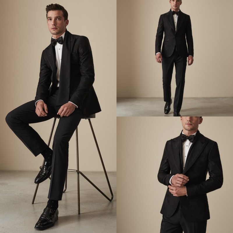 Black Floral Pattern Groomsmen Wedding Tuxedos 2019 Peaked Lapel Two Button Mens Pants Suits Handsome 2 Pieces Formal Best Men Blazer