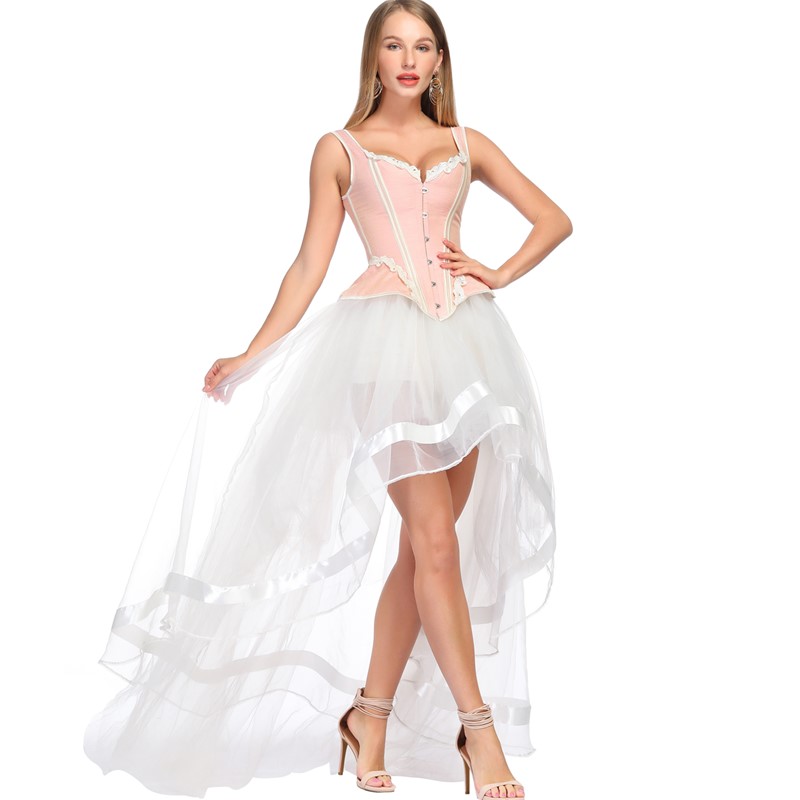 Women Vintage Corset Top with Hi-lo Mesh Skirt Outfit Halterneck Contrast Panel Side Hip Curve Overbust Padded Corset Fashion Burlesque Set