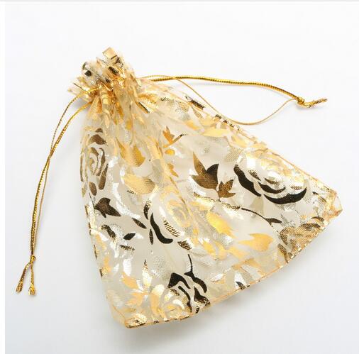 Colorful Gold Rose Transparent Packs Drawstring Pouch Sachet Organza Gift Bag For Jewelry Wedding Party Beads Packing GB397