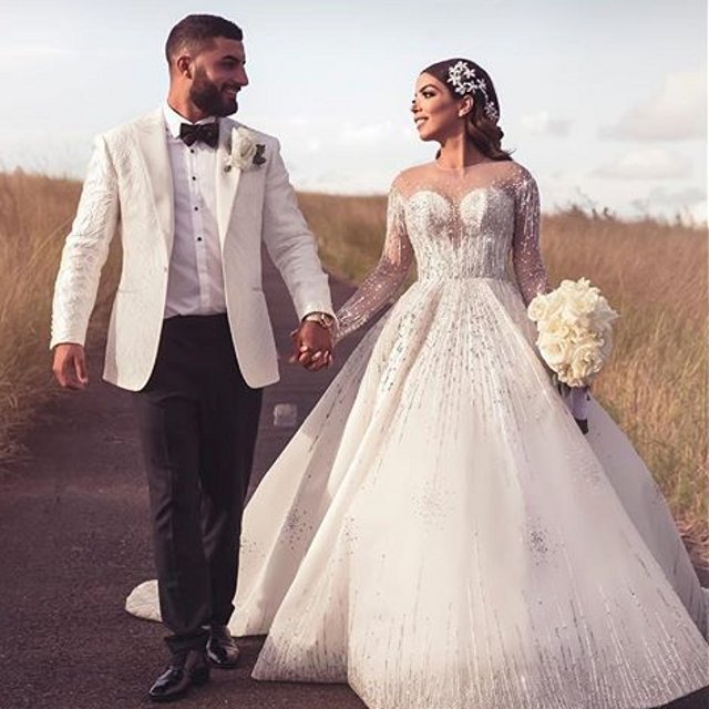 ball gown wedding dresses rhinestone applique pearls jewel bride gowns sweep tarin long sleeves vestidos de novia