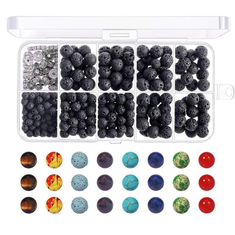 400pcs Lava Stone Rock Beads with Chakra Beads for Essential Oil and Jewelry Making