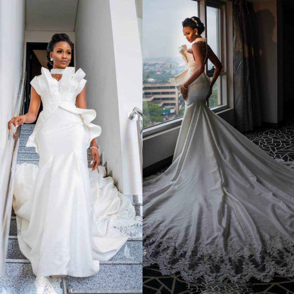 white wedding dresses high neck sleeveless satin bridal gowns lace sweep train mermaid wedding dress cheap