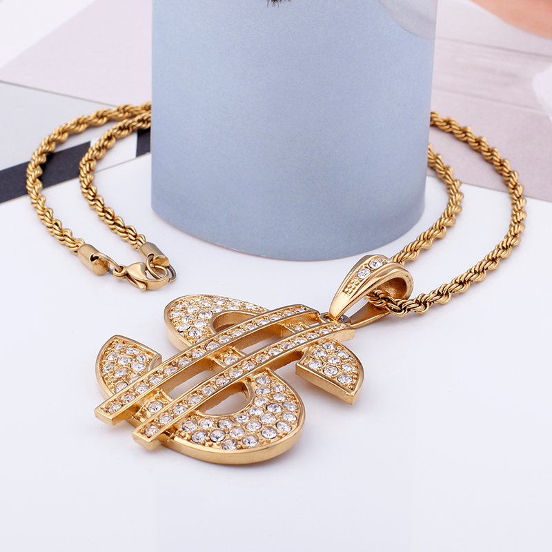Men's Hip Hop Dollar Sign Pendants Necklace 316L Stainless Steel Full Cubic Zirconia Setting 18K Gold Plated Jewelry