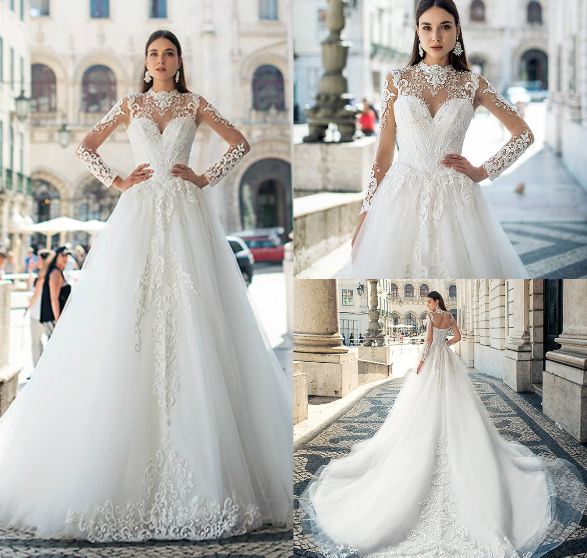 2019 Mermaid Wedding Dresses With Detachable Train Jewel Neck Lace Appliqued Long Sleeve Bridal Gowns Lace Up Back Plus Size Wedding Dress