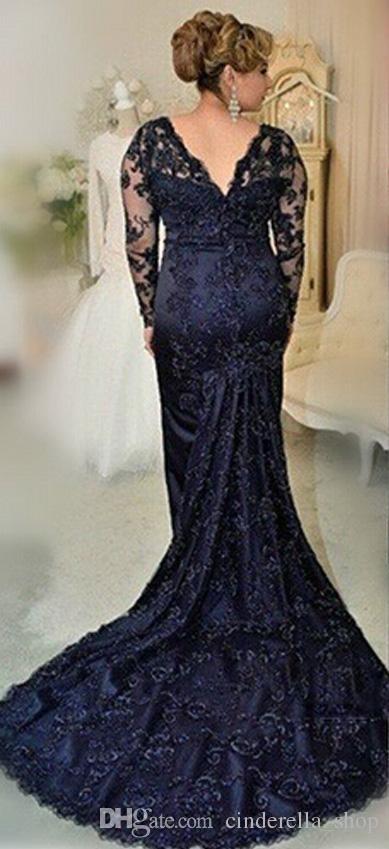 Plus Size Long Sleeve Navy Blue Lace Mother Of The Bride Dresses 2019 V Neck Beads Women Party Evening Gowns Wedding Guest Gowns