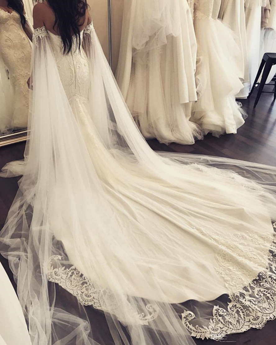 Plus Size 2024 Mermaid Wedding Dresses With Shawl Robe de mariee Applique Beading Pearls Wedding Gowns Court Train Sheath Bridal Dresses 103