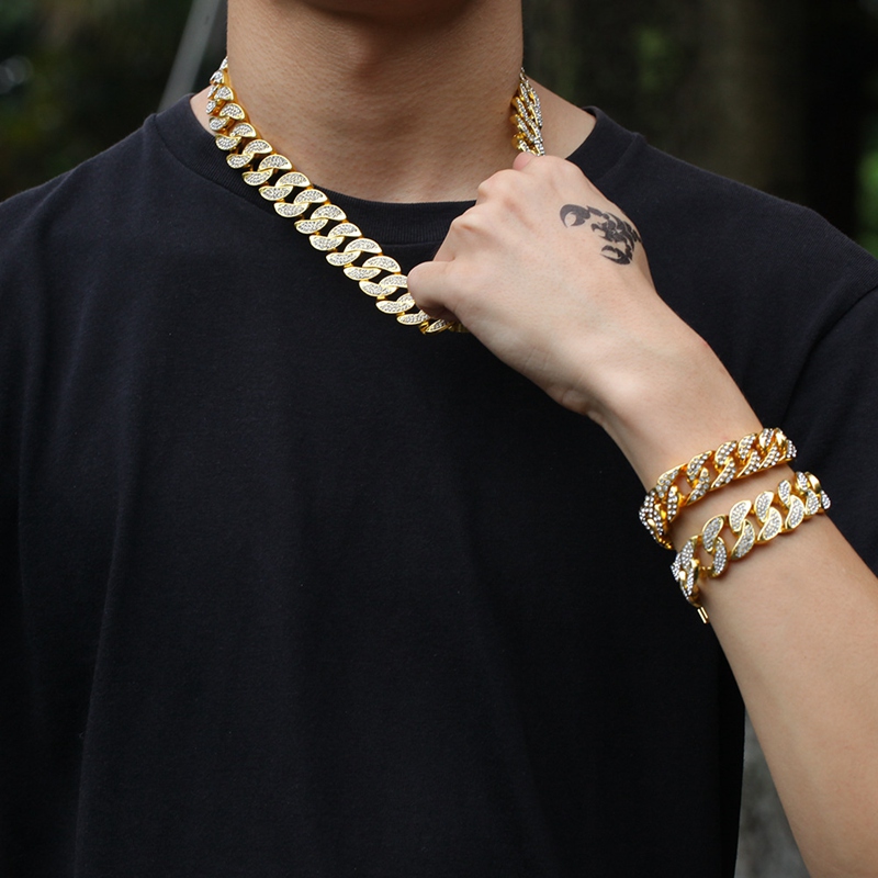 Hip Hop Bling Chains Jewelry Men Gold Bracelets Necklace Iced Out Miami Cuban Link Chain