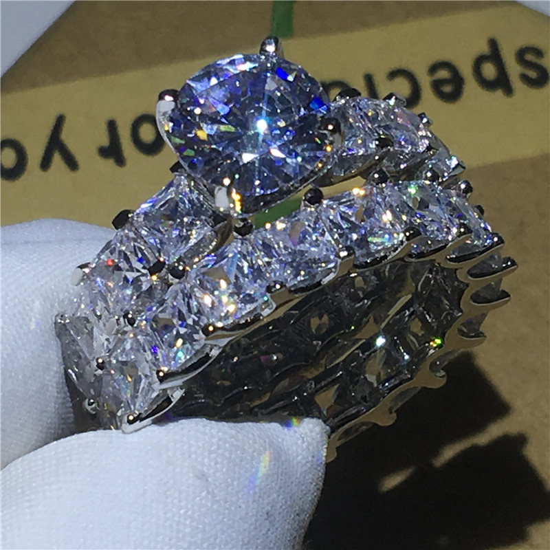 Vintage Bridal sets Jewelry 925 Sterling silver ring Princess cut 5A Zircon Cz stone Engagement wedding band rings for women