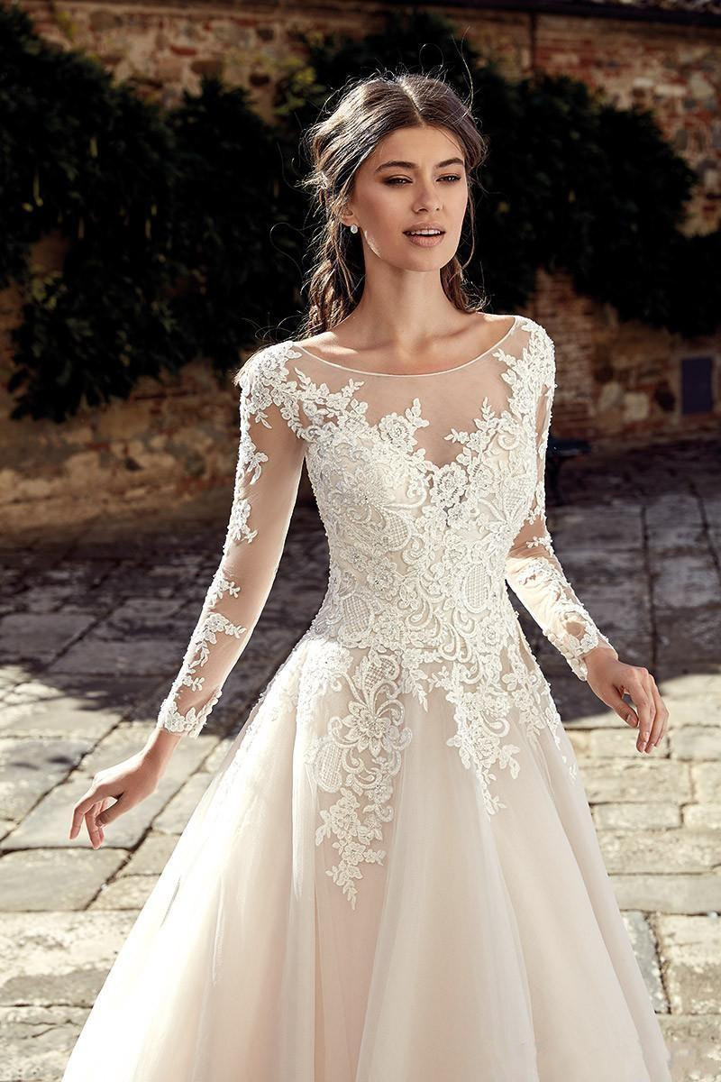 New Arrival A Line Wedding Dresses Sheer Scoop Neck Long Sleeves Tulle Lace Appliques Sweep Train Plus Size Bridal Gowns