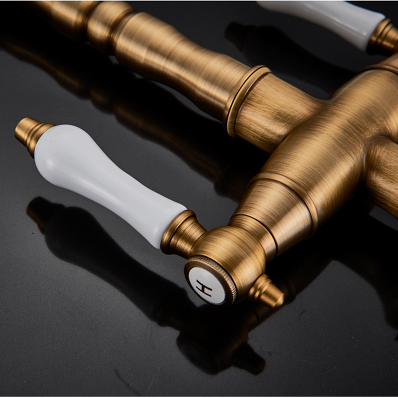 Antique Brass Dual Handle Kitchen Faucet Deck Mounted Ceramic Handle Kitchen Sink Tap Swivel Spout Hot Cold Water Kitchen Mixer