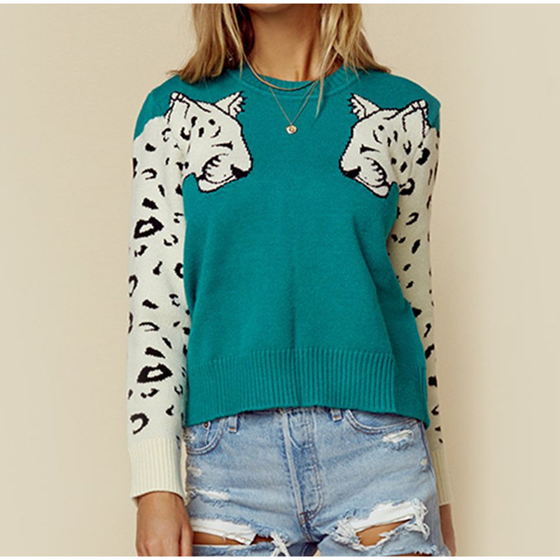 Leopard Pattern Knit Sweater For Women Autumn O-Neck Knitted Sweaters Pullover Female Casual Spring Cropped Jumper Pull Femme V191022