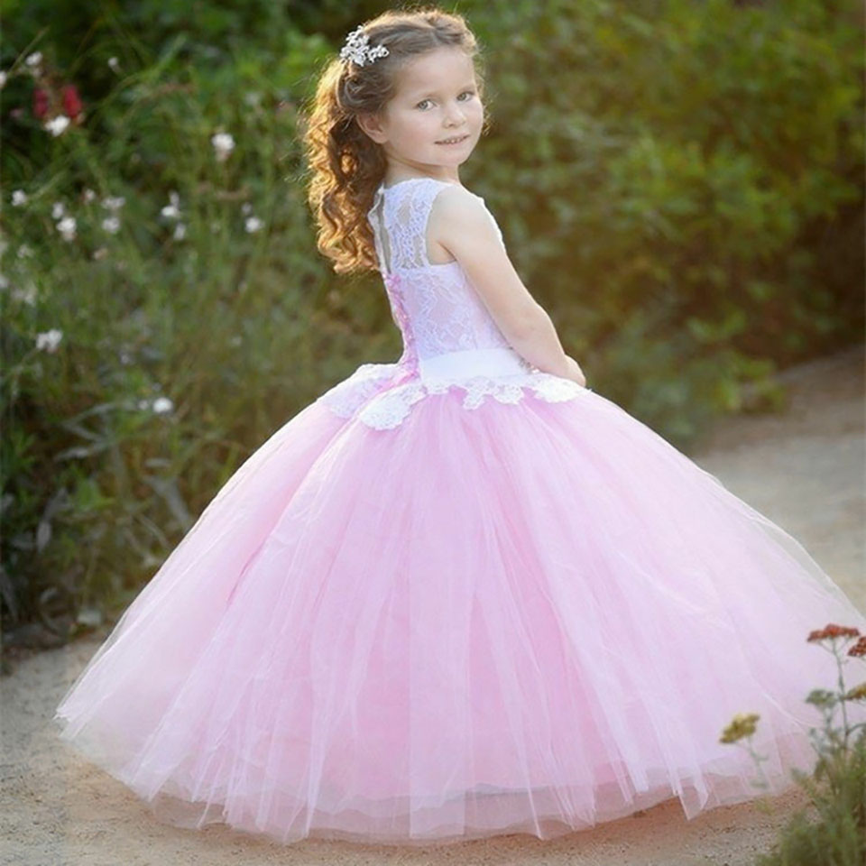 Lovely Flower Girl Dresses O-Neck Gown Lace Appliques Sleeveless Child Pageant Tulle Gowns Girls First Communion Dresses