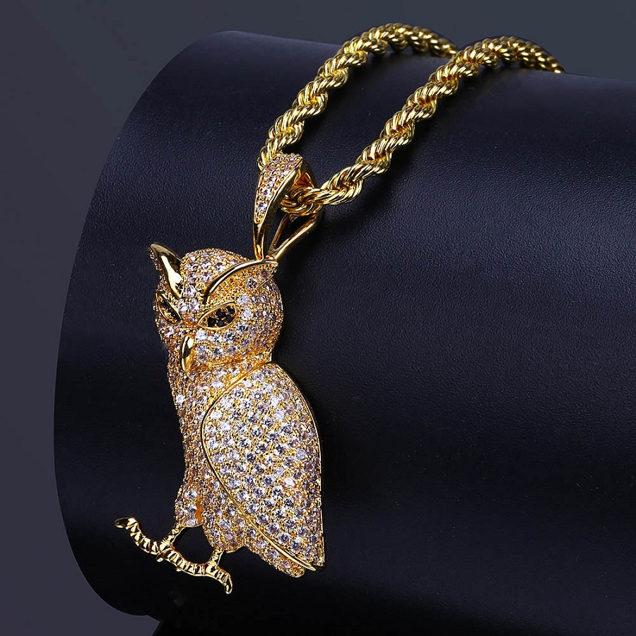 Fashion Men 18k Gold Plated Silver Chain Owl Pendant Necklace Designer Iced Out Rhinestone Hip Hop Rap Rock Jewelry Necklaces For