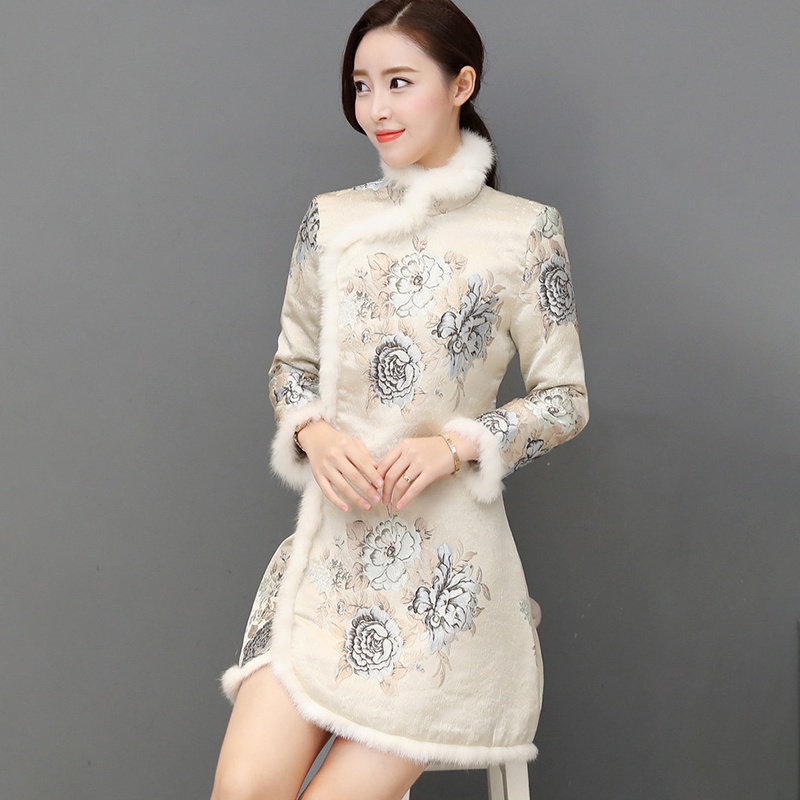 Chinese Style Cheongsam Women Temperament Plush Floral Print Dress Chinese Style Qipao 2020 New