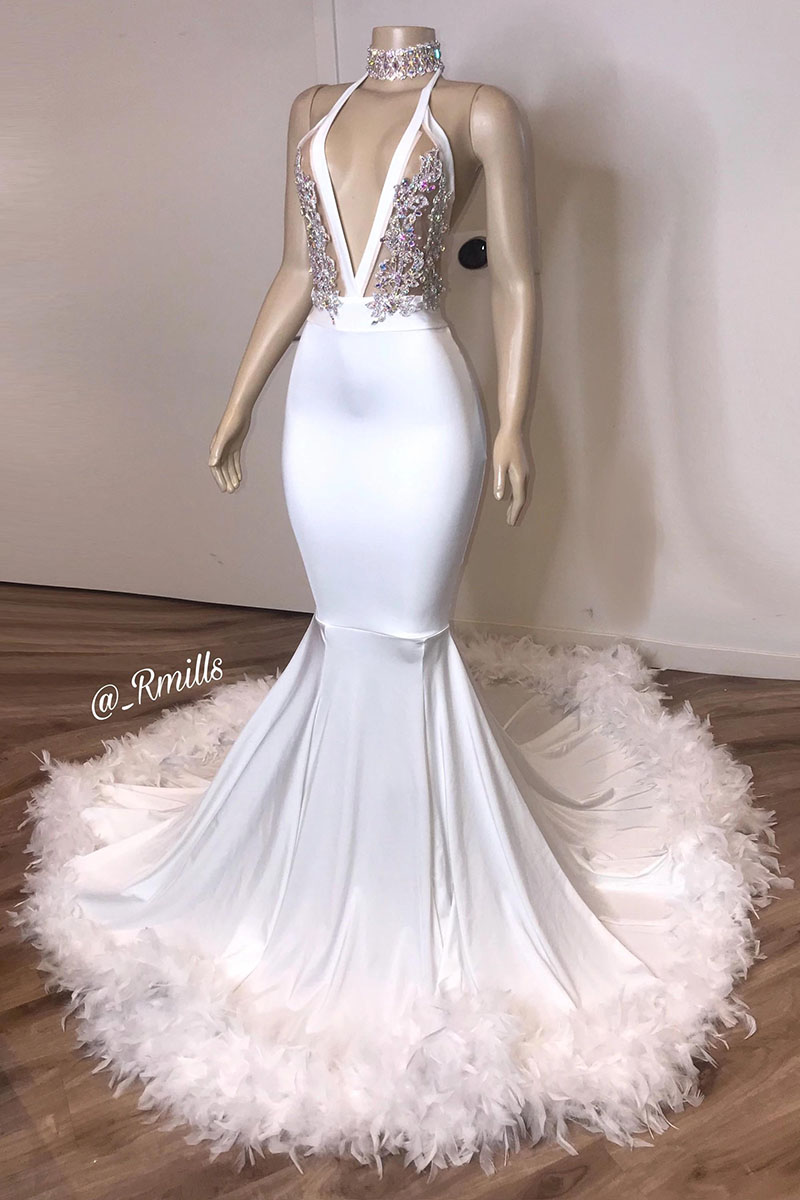 Luxurious Mermaid Prom Dresses With Feather Deep V Neck Beaded Crystals Evening Gowns White Cocktail Party Dress Backless