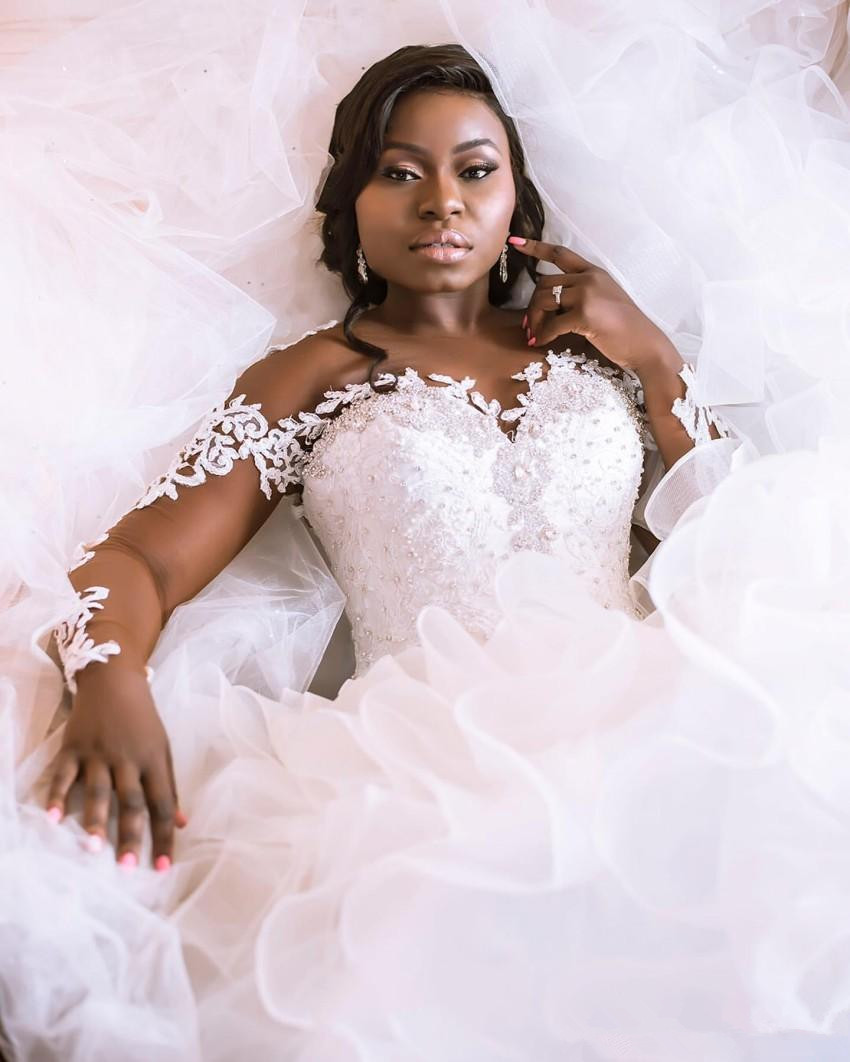 Sexy Mermaid Arabic Plus Size Court Train Long Sleeve Lace Bridal Dresses Beaded Crystal Organza Wedding Gowns