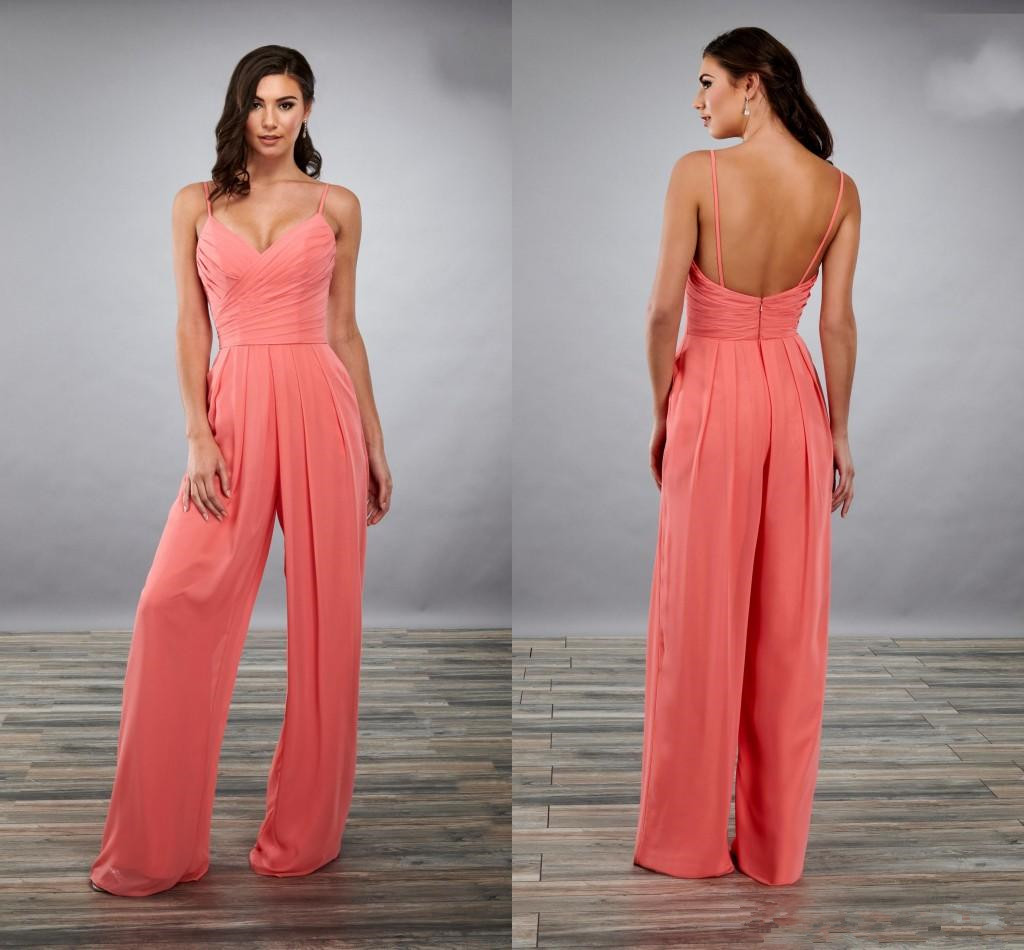 Lastest Designer Coral Bridesmaid Evening Jumpsuits Pantsuit Dresses with Spaghetti Straps Ruch Chiffon Long Wedding Party guest Dress